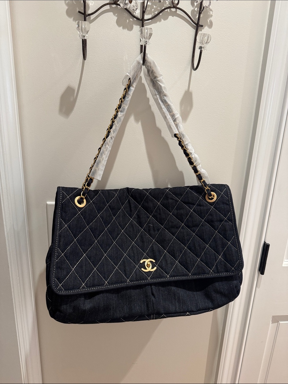 CHANEL style Quilted Denim Shoulder Bag in Dark Blue with Gold Hardware